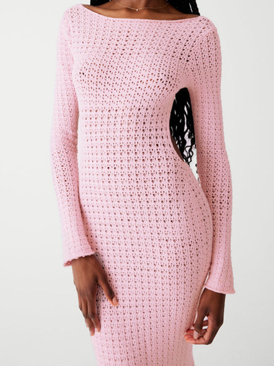 Knit Dresses- Vacation Open Knit Maxi Dress with Long Sleeve- Pink- Pekosa Women Clothing
