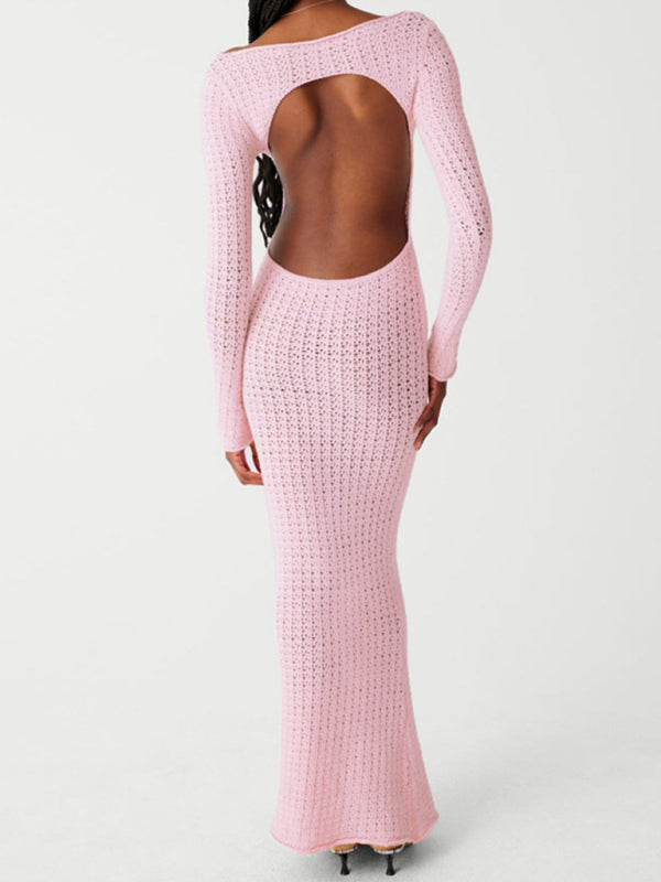 Knit Dresses- Vacation Open Knit Maxi Dress with Long Sleeve- - Pekosa Women Clothing