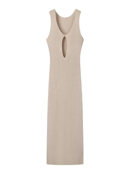 Knit Dresses- Vacation Style Ribbed Knit Cutout Bodycon Midi Dress- Khaki- Pekosa Women Fashion