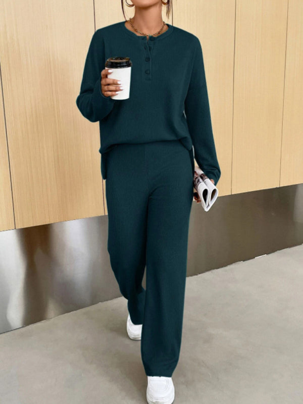 Knit Loungewear- Knitted 2-Piece Loungewear Set - Long Sleeve Top & Relaxed Fit Pants- Green black jasper- Pekosa Women Clothing