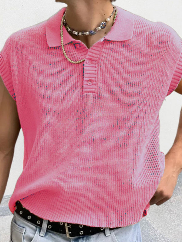 Knit Polos- Men's Classic Collar Solid Knit Polo- Pink- Pekosa Women Clothing