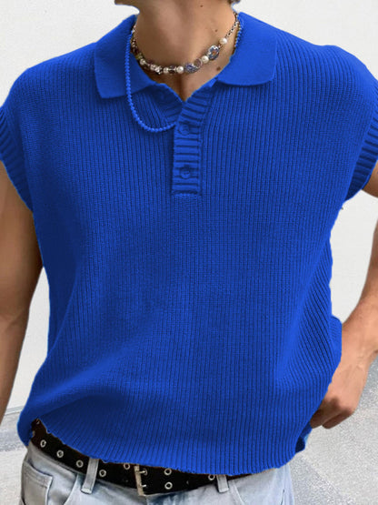 Knit Polos- Men's Classic Collar Solid Knit Polo- Blue- Pekosa Women Clothing