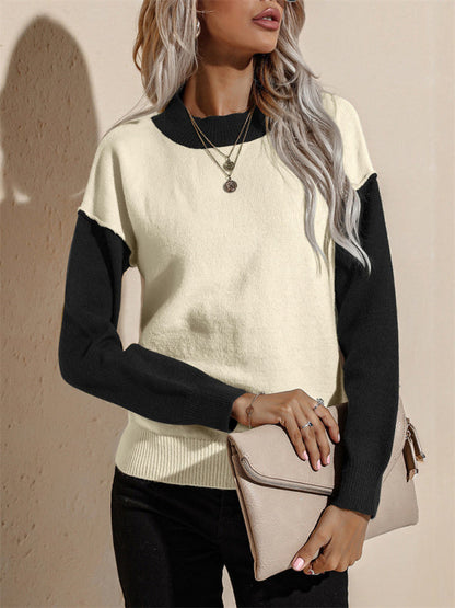 Knit Pullovers- Colorblock Knit Sweater - Round Neck, Drop Shoulders, Ribbed Pullover- - Pekosa Women Clothing