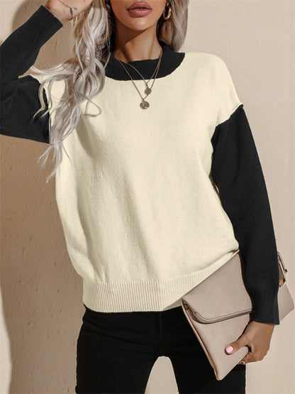 Knit Pullovers- Colorblock Knit Sweater - Round Neck, Drop Shoulders, Ribbed Pullover- Black- Pekosa Women Clothing