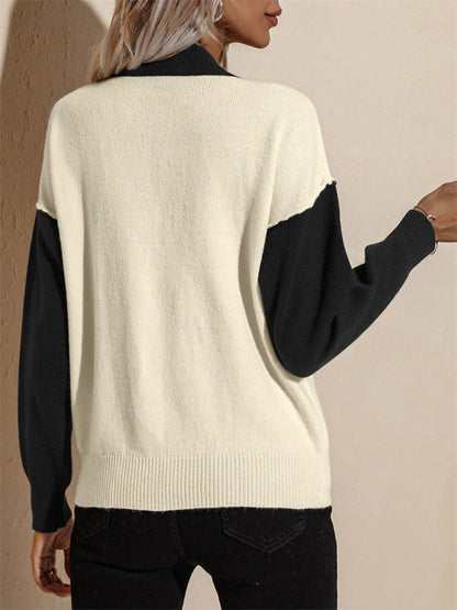 Knit Pullovers- Colorblock Knit Sweater - Round Neck, Drop Shoulders, Ribbed Pullover- - Pekosa Women Clothing