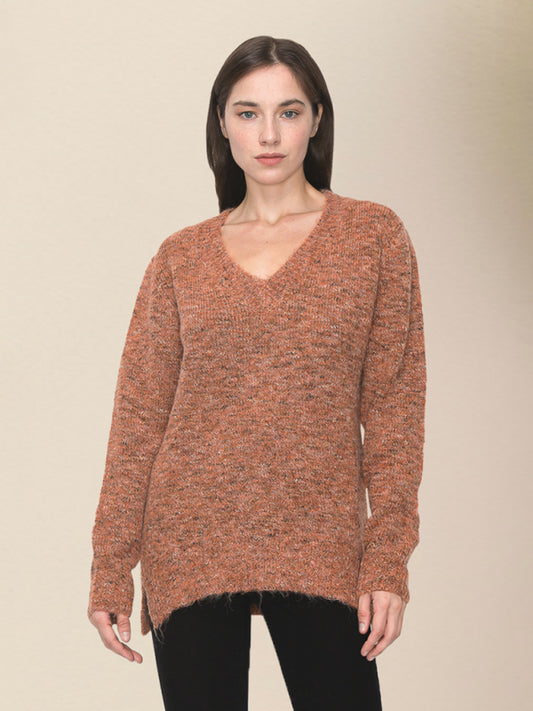 Knit Sweaters- Cozy Wool Blend Vintage Knit V-Neck Sweater- Brown- Pekosa Women Clothing