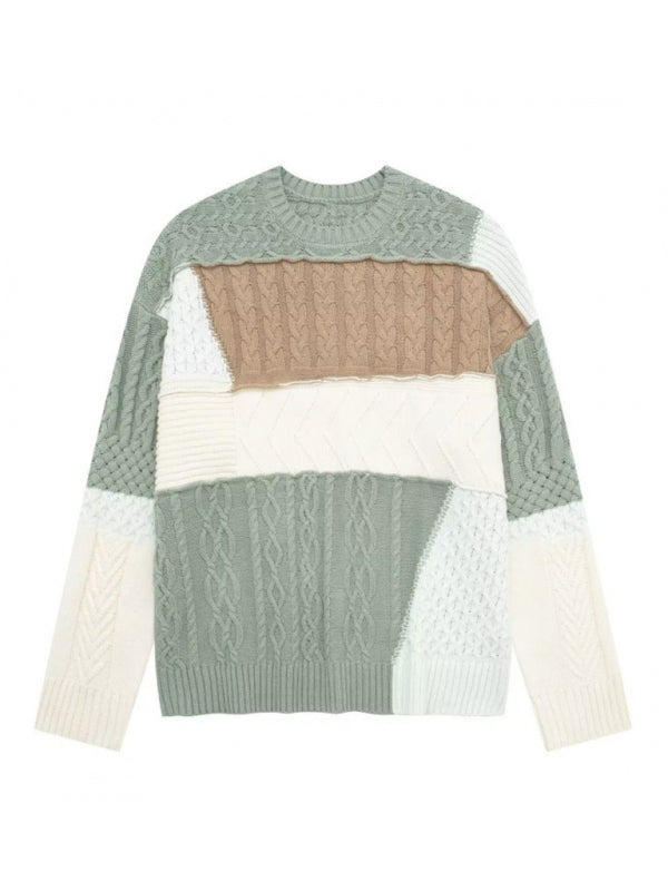 Knit Sweaters- Patchwork Sweaters in Pastel Hues - Knit Pullover- Green- Pekosa Women Clothing