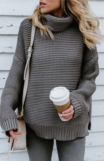 Knit Sweaters- Thick Knitted Chunky Turtle Neck Sweater- Grey- Pekosa Women Clothing