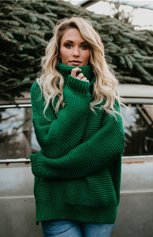 Knit Sweaters- Thick Knitted Chunky Turtle Neck Sweater- Green- Pekosa Women Clothing