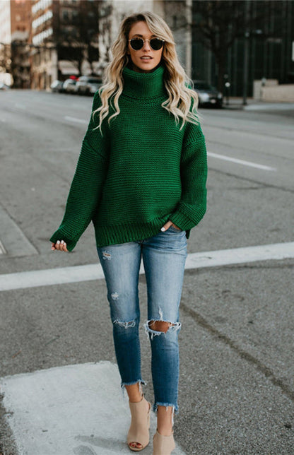 Knit Sweaters- Thick Knitted Chunky Turtle Neck Sweater- - Pekosa Women Clothing