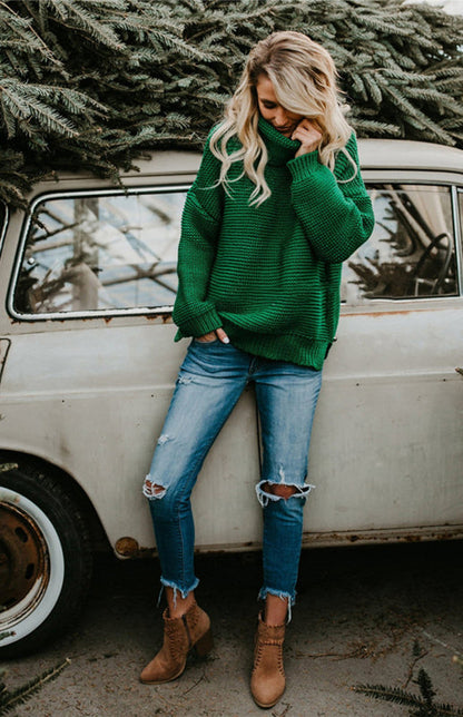 Knit Sweaters- Thick Knitted Chunky Turtle Neck Sweater- - Pekosa Women Clothing