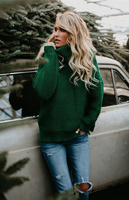 Knit Sweaters- Thick Knitted Chunky Turtle Neck Sweater- - Pekosa Women Clothing