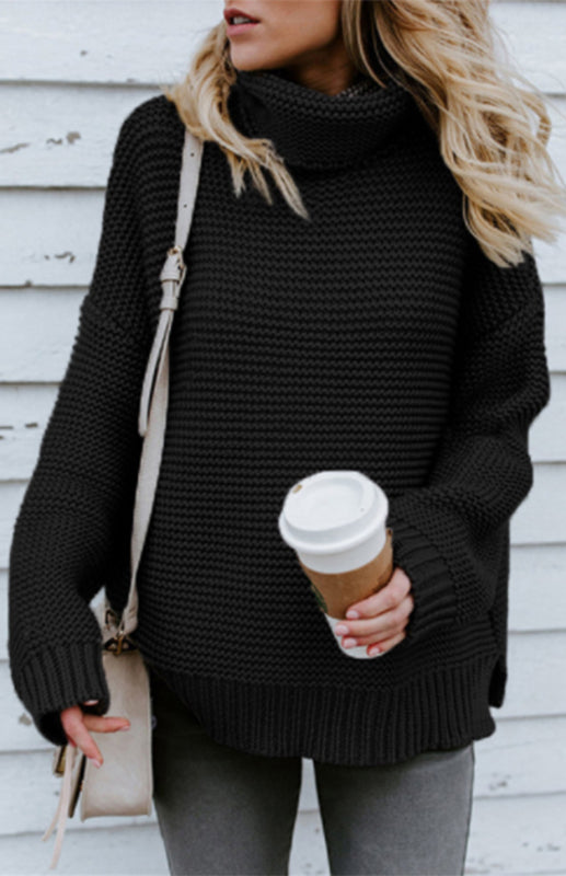 Knit Sweaters- Thick Knitted Chunky Turtle Neck Sweater- Black- Pekosa Women Clothing