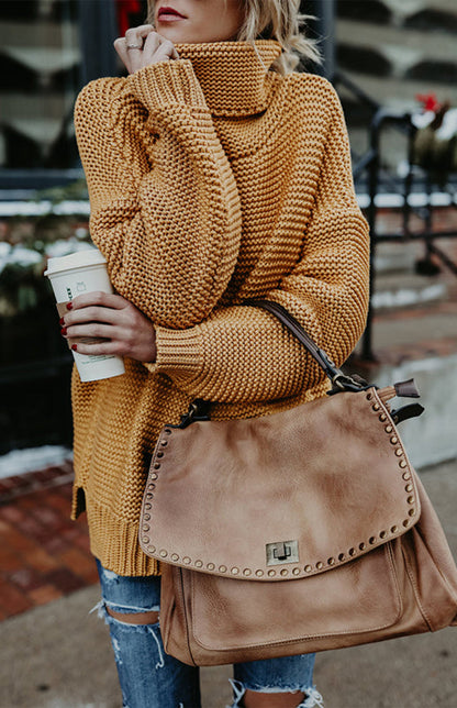 Knit Sweaters- Thick Knitted Chunky Turtle Neck Sweater- Yellow- Pekosa Women Clothing