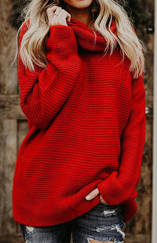 Knit Sweaters- Thick Knitted Chunky Turtle Neck Sweater- Red- Pekosa Women Clothing