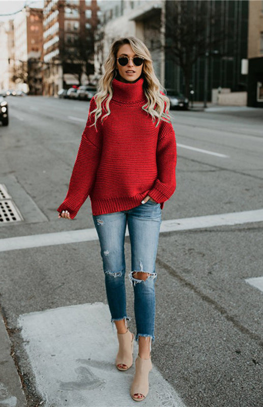 Knit Sweaters- Thick Knitted Chunky Turtle Neck Sweater- - Pekosa Women Clothing