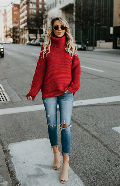 Knit Sweaters- Thick Knitted Chunky Turtle Neck Sweater- - Pekosa Women Clothing