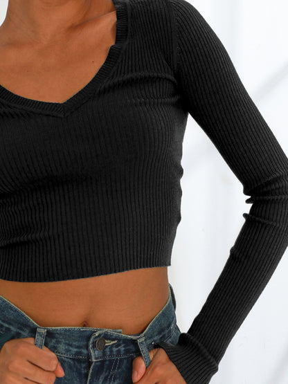 Knit Tees- Ribbed Long Sleeve Crop Top for Shopping Trips- - Pekosa Women Clothing