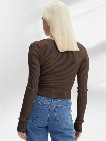 Knit Tees- Ribbed Long Sleeve Crop Top for Shopping Trips- - Pekosa Women Clothing