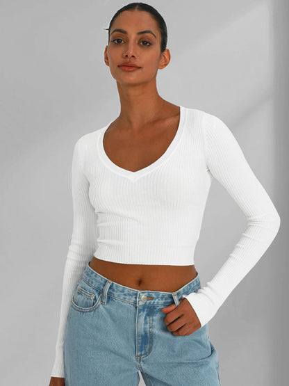 Knit Tees- Ribbed Long Sleeve Crop Top for Shopping Trips- White- Pekosa Women Clothing