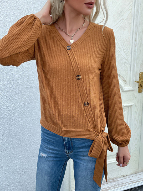 Knit Tops- Asymmetrical Button V Neck Sweatshirt - Ribbed Bowknot Top- - Pekosa Women Clothing