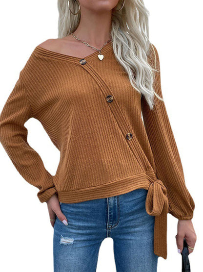 Knit Tops- Asymmetrical Button V Neck Sweatshirt - Ribbed Bowknot Top- - Pekosa Women Clothing