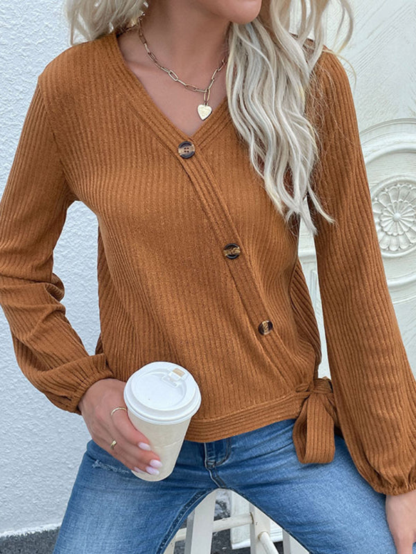 Knit Tops- Asymmetrical Button V Neck Sweatshirt - Ribbed Bowknot Top- - Pekosa Women Clothing