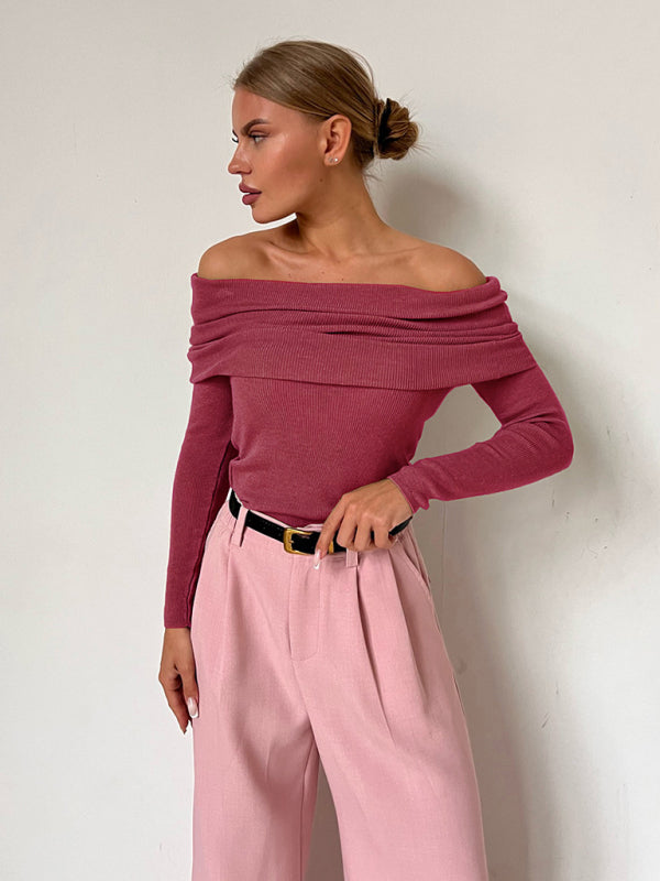 Knit Tops- Knit Off-Shoulder Top with Long Sleeves- Brick red- Pekosa Women Clothing