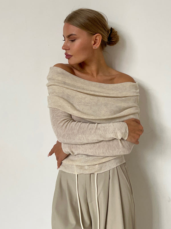 Knit Tops- Knit Off-Shoulder Top with Long Sleeves- Cracker khaki- Pekosa Women Clothing