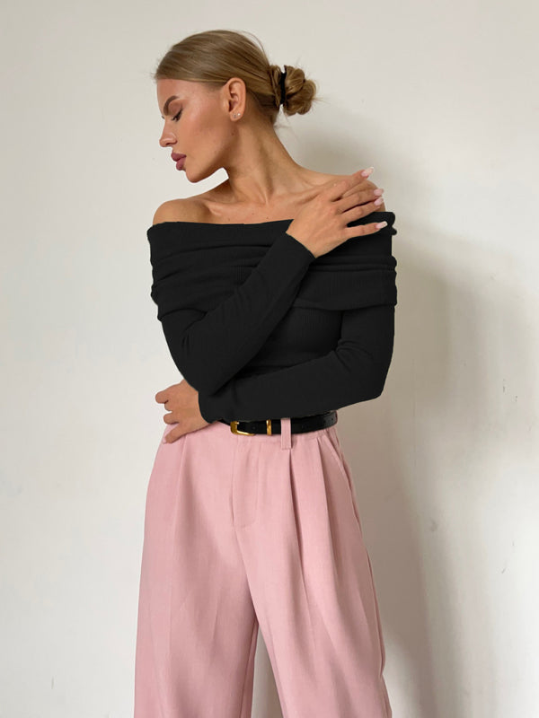 Knit Tops- Knit Off-Shoulder Top with Long Sleeves- Black- Pekosa Women Clothing