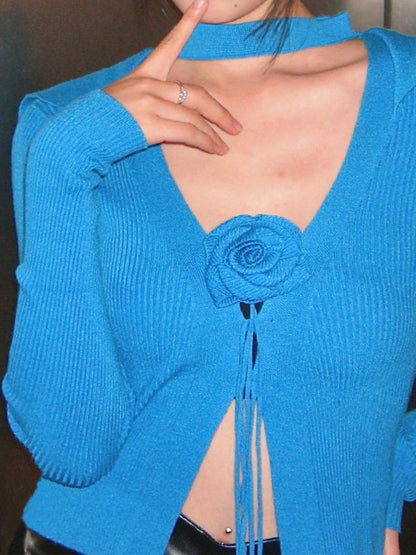 Knit Tops- Knitwear for Fall | Warm Whispers Choker V-Neck Sweater Winter- Blue- Pekosa Women Clothing