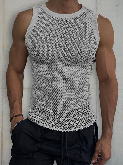 Knit Tops- Men’s Hollow Knit Sleeveless Beachwear - Tank Top- - Pekosa Women Fashion