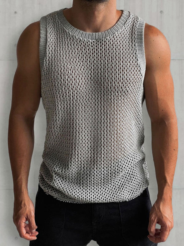 Knit Tops- Men’s Hollow Knit Sleeveless Beachwear - Tank Top- Grey- Pekosa Women Fashion