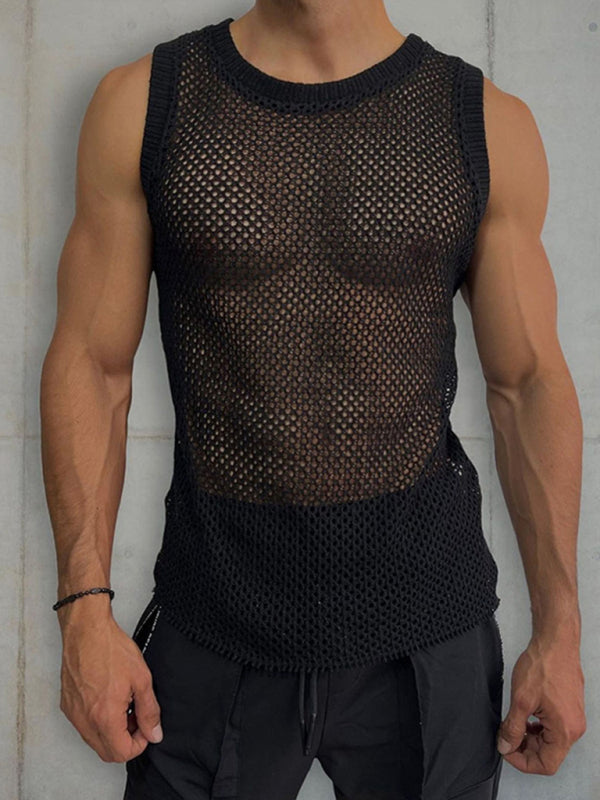 Knit Tops- Men’s Hollow Knit Sleeveless Beachwear - Tank Top- Black- Pekosa Women Fashion