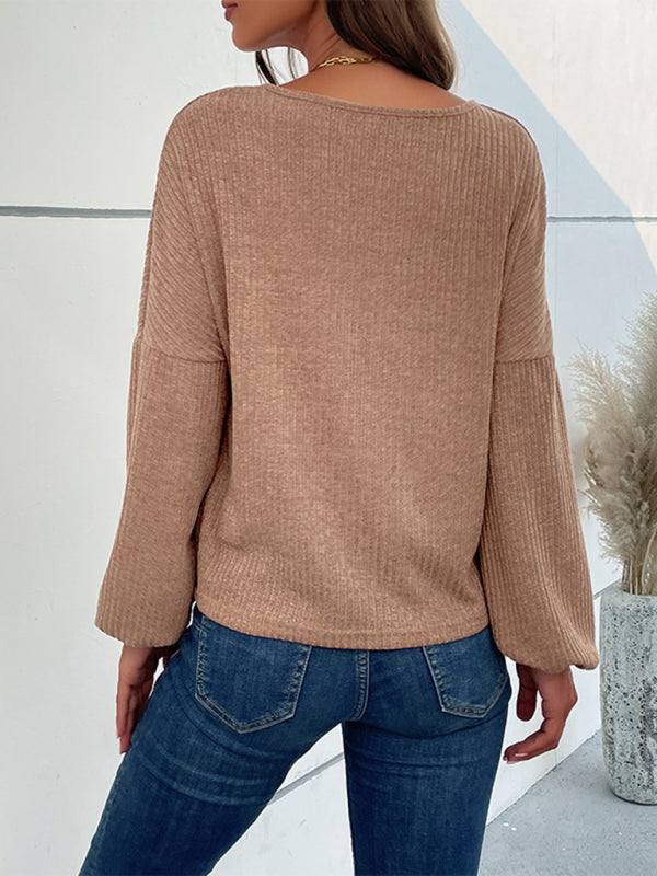 Knit Tops- Ribbed Knit Drop Shoulders Top - Sweater- - Pekosa Women Clothing