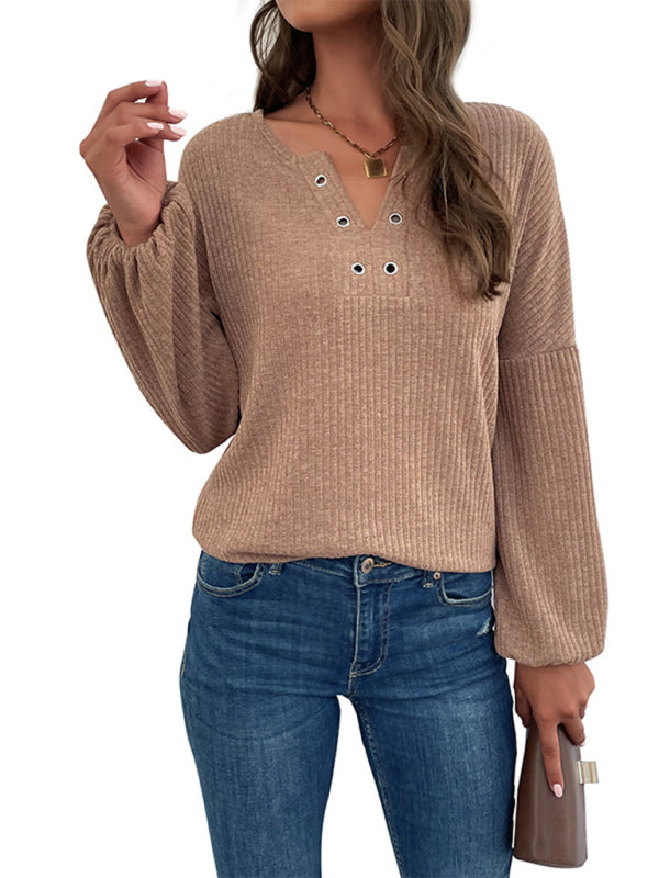 Knit Tops- Ribbed Knit Drop Shoulders Top - Sweater- - Pekosa Women Clothing