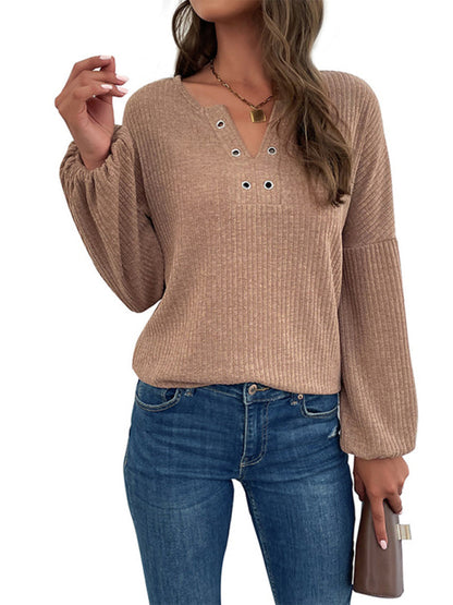 Knit Tops- Ribbed Knit Drop Shoulders Top - Sweater- - Pekosa Women Clothing