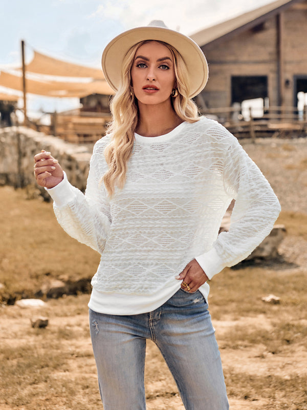 Knit Tops- Rombo Textured Long Sleeve Round Neck Sweater Top- White- Pekosa Women Clothing