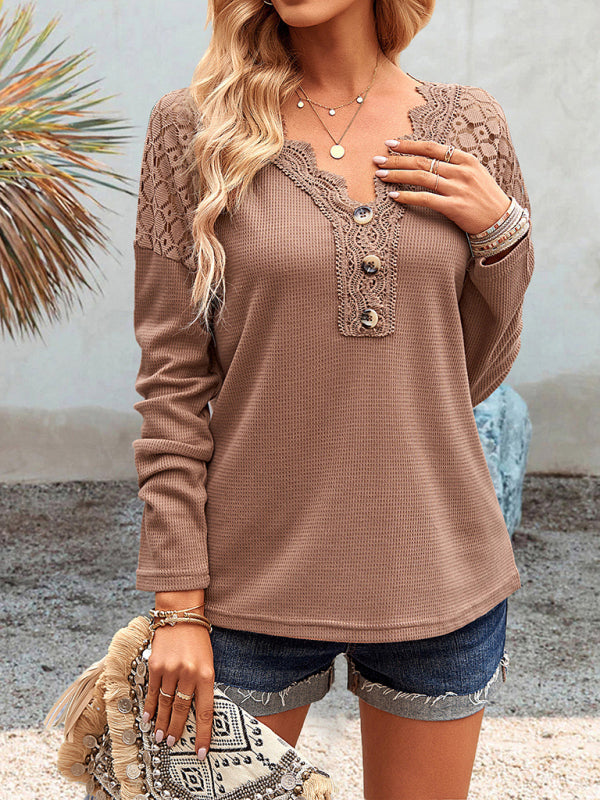 Knit Tops- Textured Long Sleeves V-Neck Top with Lace Accents- Brown- Pekosa Women Clothing