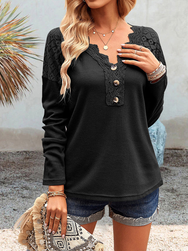 Knit Tops- Textured Long Sleeves V-Neck Top with Lace Accents- - Pekosa Women Clothing