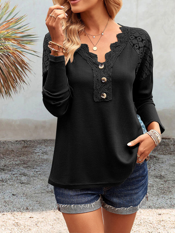 Knit Tops- Textured Long Sleeves V-Neck Top with Lace Accents- Black- Pekosa Women Clothing