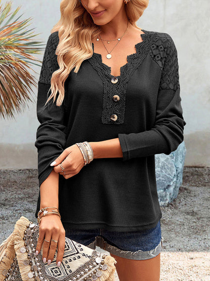 Knit Tops- Textured Long Sleeves V-Neck Top with Lace Accents- - Pekosa Women Clothing