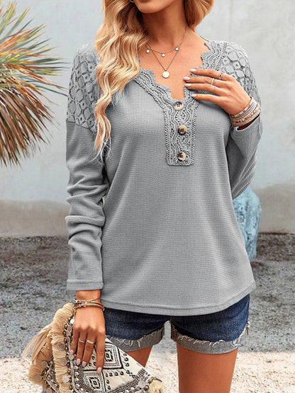 Knit Tops- Textured Long Sleeves V-Neck Top with Lace Accents- - Pekosa Women Clothing