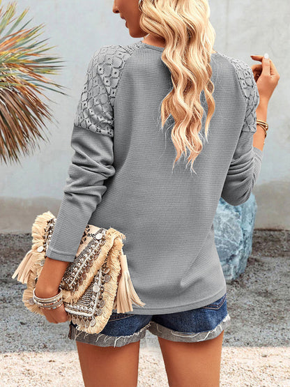 Knit Tops- Textured Long Sleeves V-Neck Top with Lace Accents- - Pekosa Women Clothing