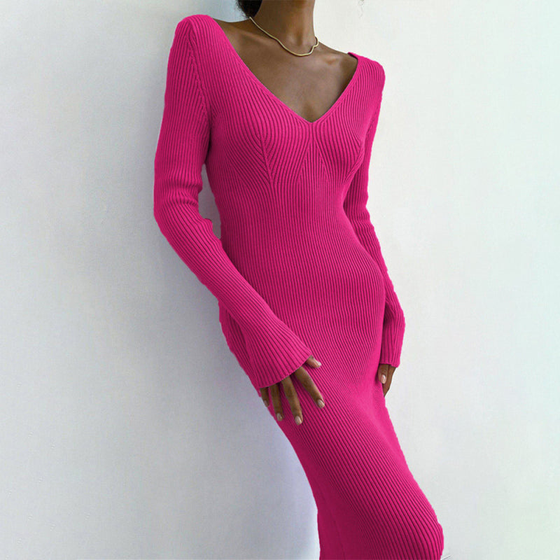 Knitted Dresses- Sleek Ribbed Bodycon Dress with Sheath Silhouette & Chic V Open Back- Rose Red- Pekosa Women Clothing