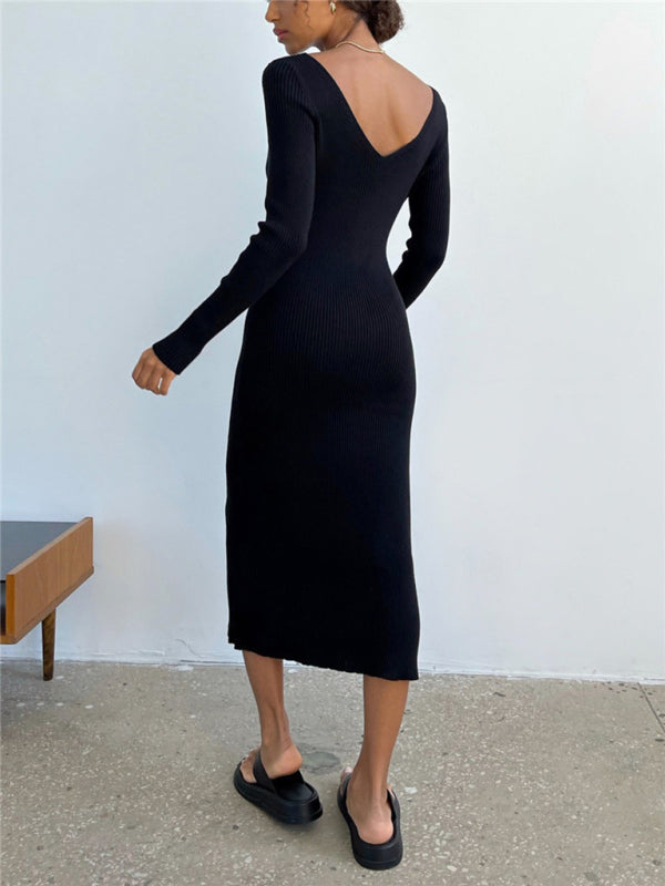 Knitted Dresses- Sleek Ribbed Bodycon Dress with Sheath Silhouette & Chic V Open Back- - Pekosa Women Clothing