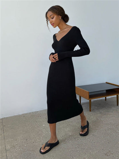 Knitted Dresses- Sleek Ribbed Bodycon Dress with Sheath Silhouette & Chic V Open Back- - Pekosa Women Clothing