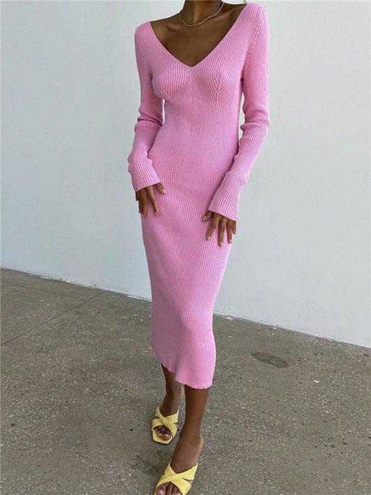 Knitted Dresses- Sleek Ribbed Bodycon Dress with Sheath Silhouette & Chic V Open Back- Pink- Pekosa Women Clothing