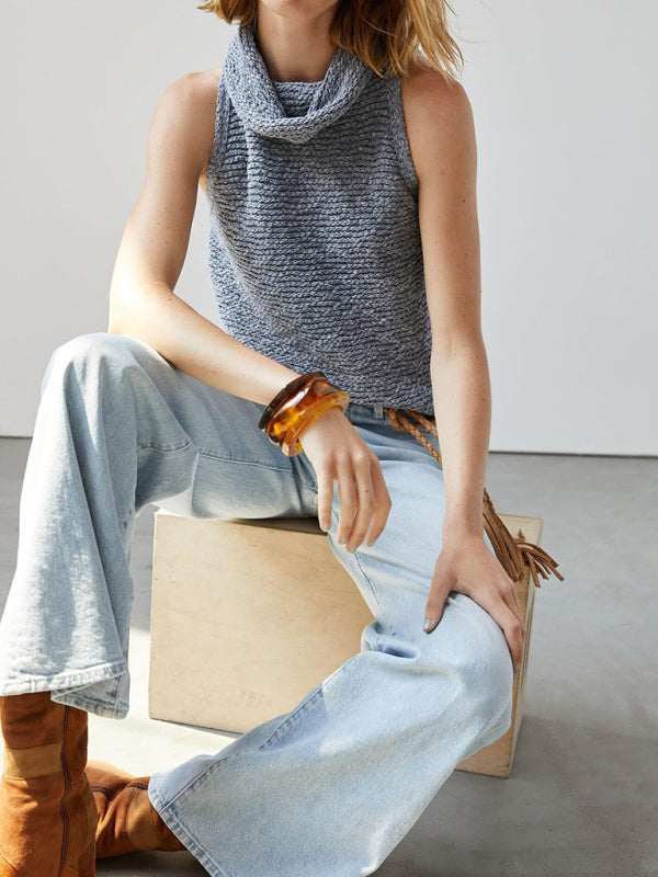 Knitted Top- Textured Sleeveless Sweater | Knitted Cowl Neck Top- Blue- Pekosa Women Clothing