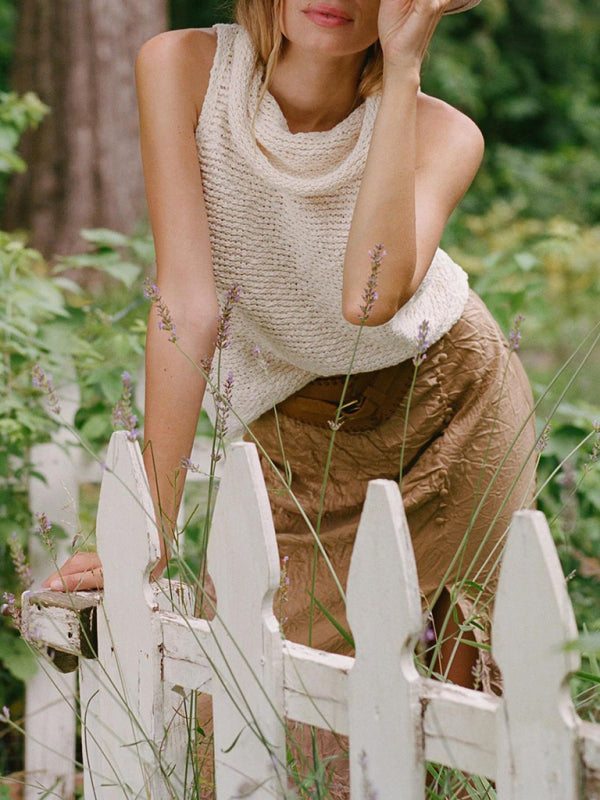 Knitted Top- Textured Sleeveless Sweater | Knitted Cowl Neck Top- Cracker khaki- Pekosa Women Clothing